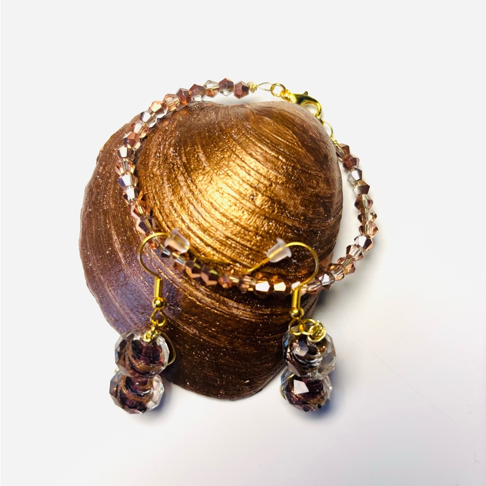 Beaded Faceted Crystal Glass Bronze Earrings & Bracelet. - Picture 2 of 5